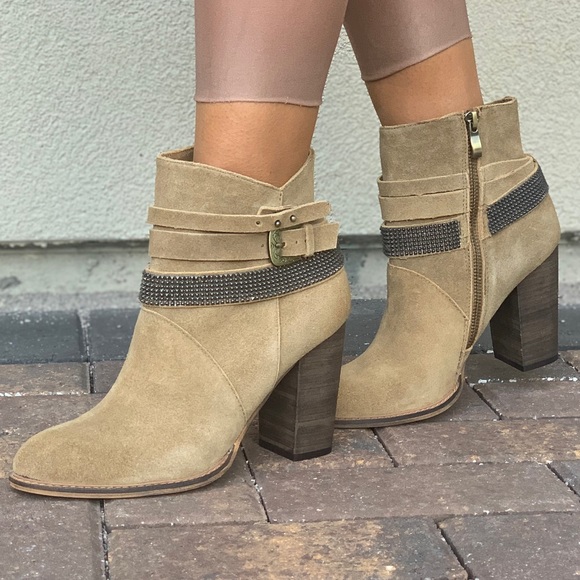 Chinese Laundry Shoes - Tan Genuine Suede Buckle Embellished Ankle Booties